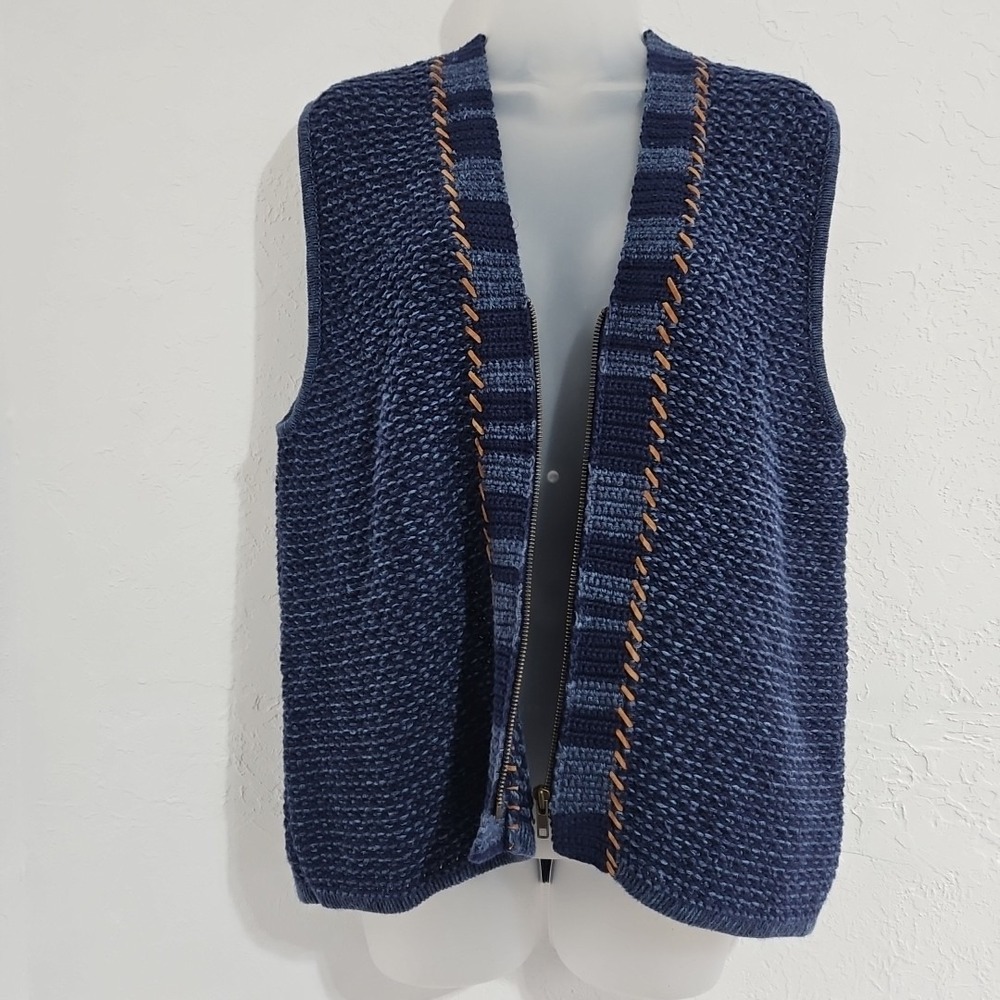 Vtg 90s Susan Bristol Sz Med Blue Sweater Vest Boho Faux Suede Zip Grannycore - Picture 5 of 10